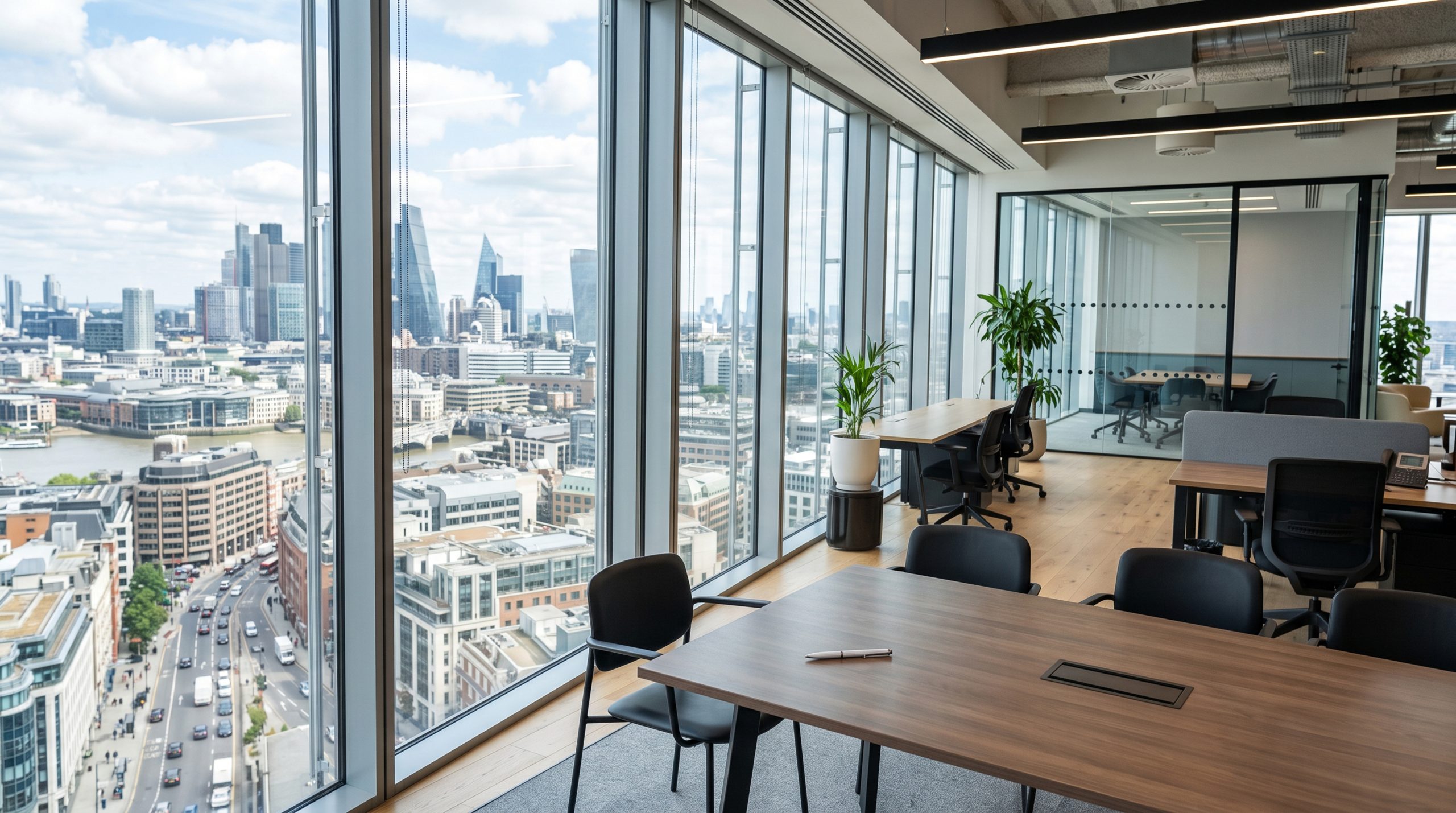 Modern office environment with a city skyline view